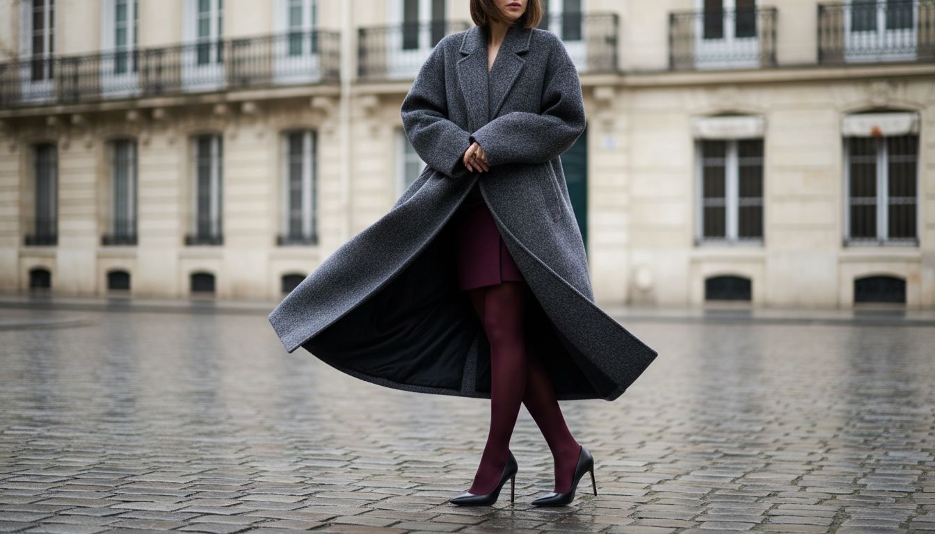 Девушка в объемном шерстяном пальто угольно-серого цвета, под которым видны бордовые плотные колготки и черные туфли-лодочки с острым мысом.