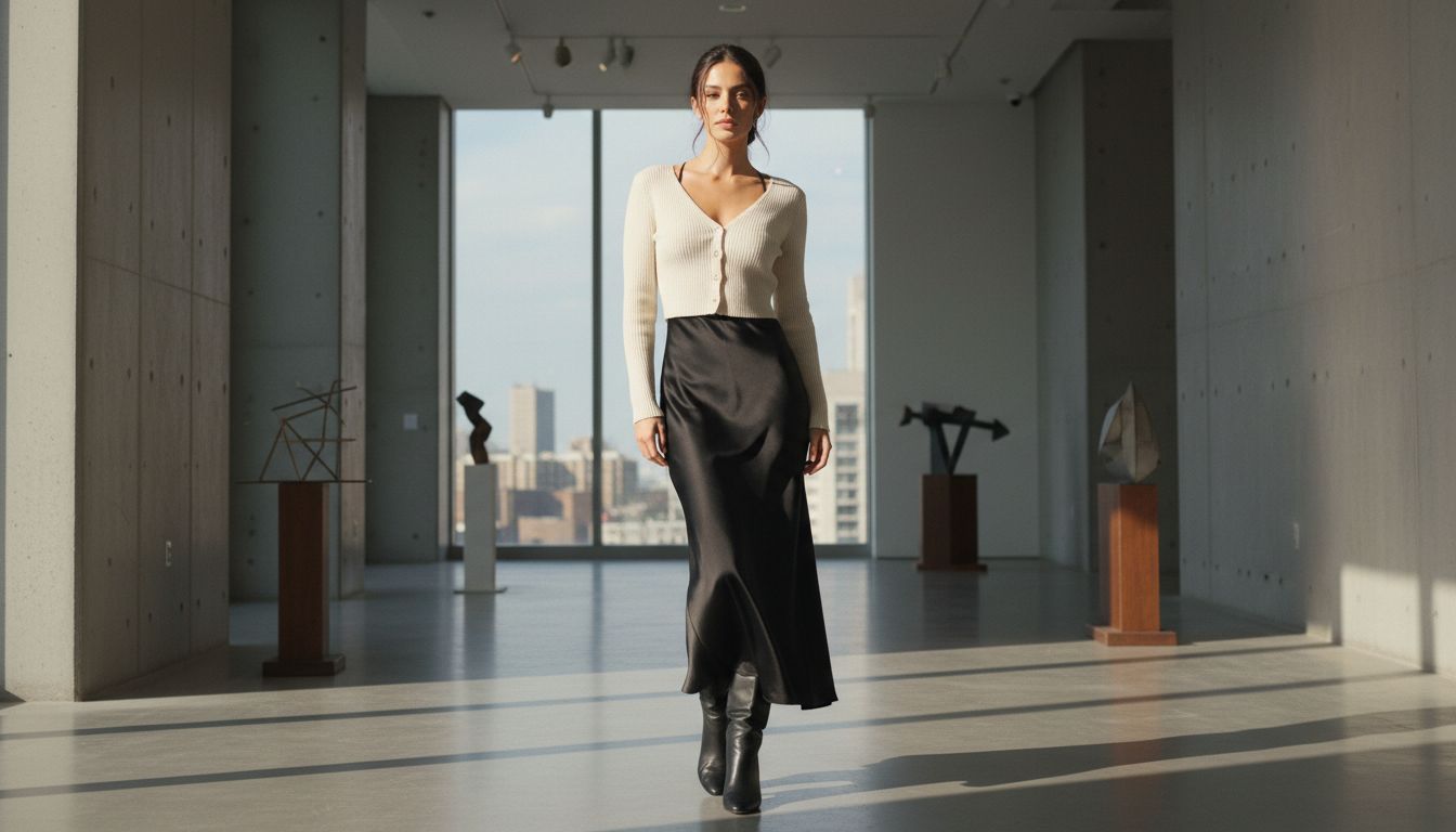 Девушка в длинном черном атласном платье-комбинации и белом облегающем кардигане, застегнутом как топ. На ногах- высокие черные сапоги.