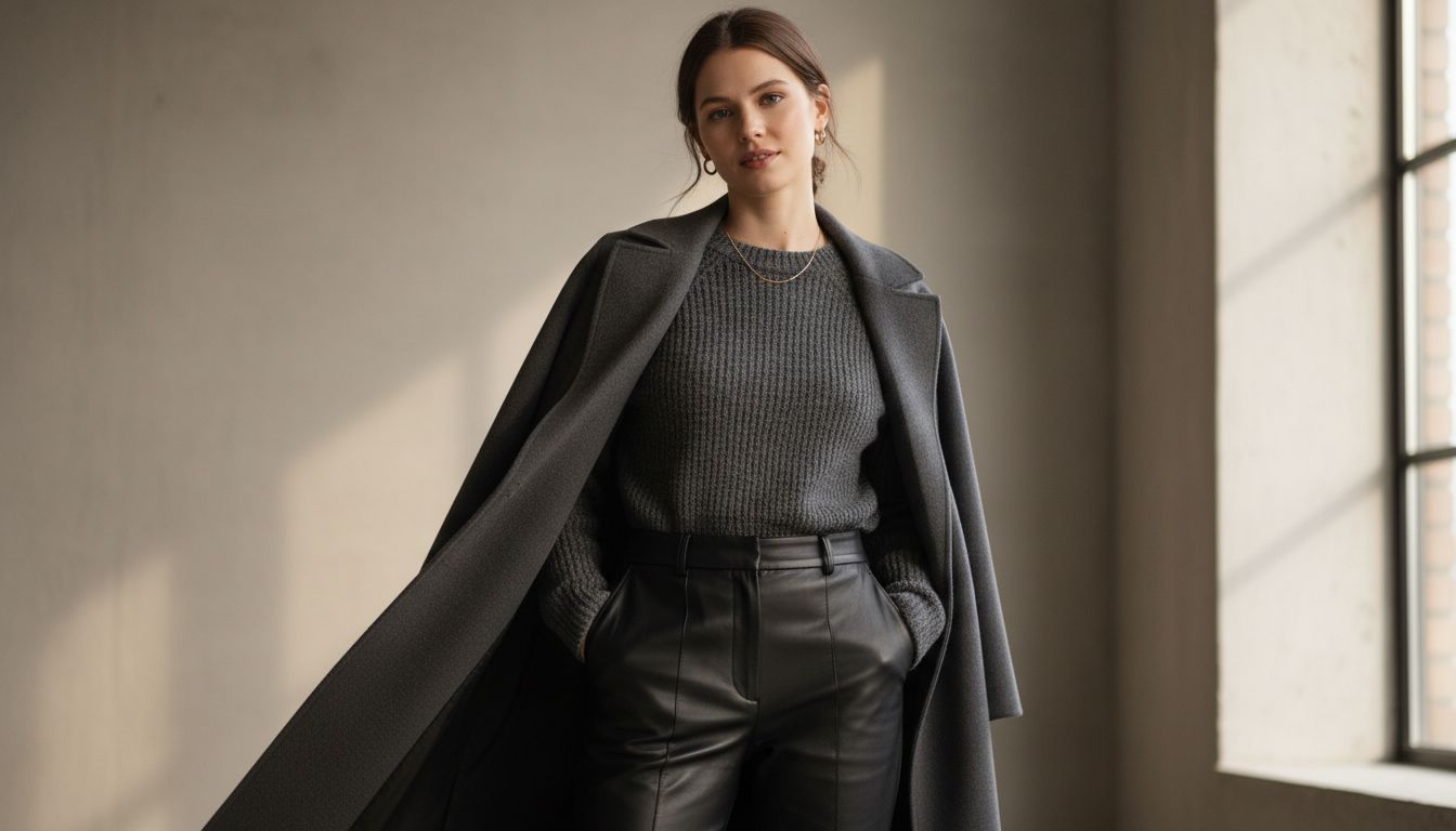 Стилизованный образ: женщина в угольно-сером Shrunken Knit, кожаных брюках с высокой талией и длинном шерстяном пальто.