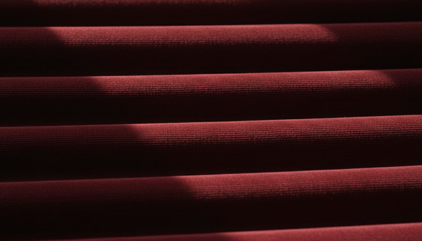Крупный план вельветовой ткани с широким рубчиком в глубоком бордовом оттенке, демонстрирующий игру света и тени на фактуре.