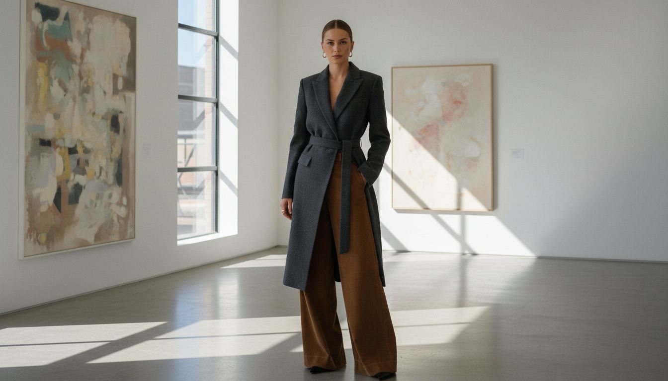 Девушка в брюках-палаццо из коричневого вельвета, поверх которых надет длинный, строгий шерстяной блейзер, подчеркивающий талию.