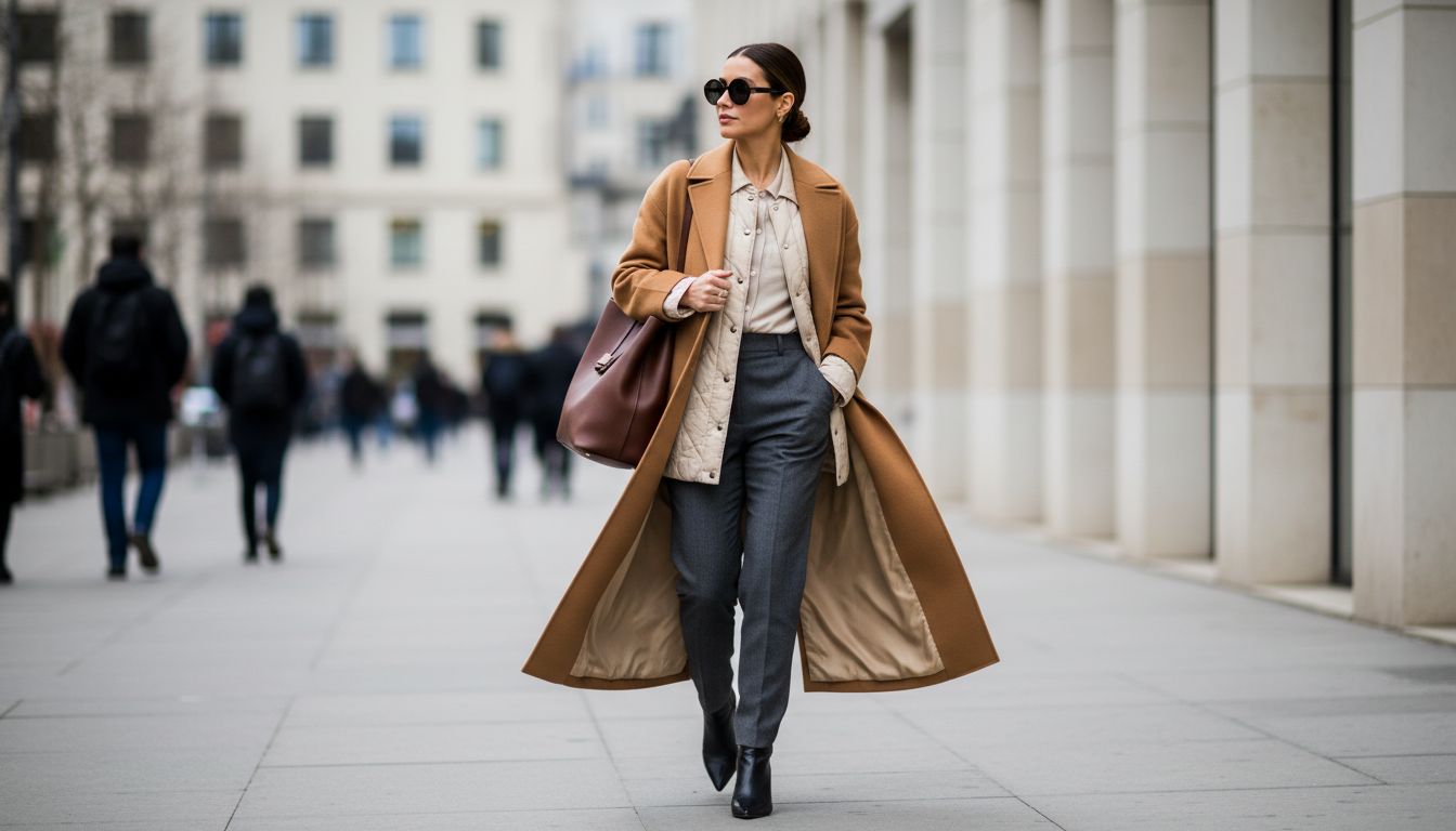 Модный уличный образ: девушка в длинном шерстяном пальто, под которым виден воротник и полы тонкой стеганой куртки-рубашки. Пальто нараспашку.