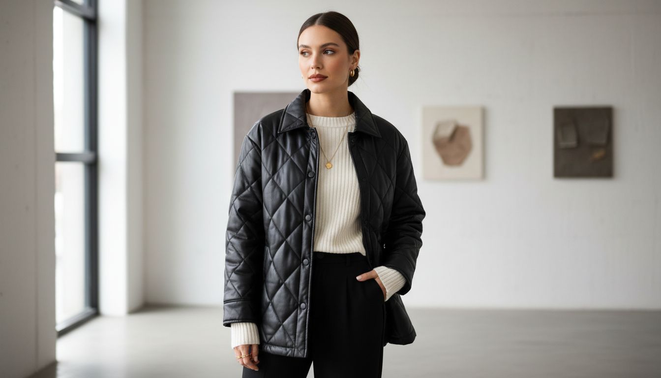 Стеганая куртка-рубашка из матовой черной эко-кожи, надетая поверх тонкого свитера цвета слоновой кости, с золотыми минималистичными украшениями.