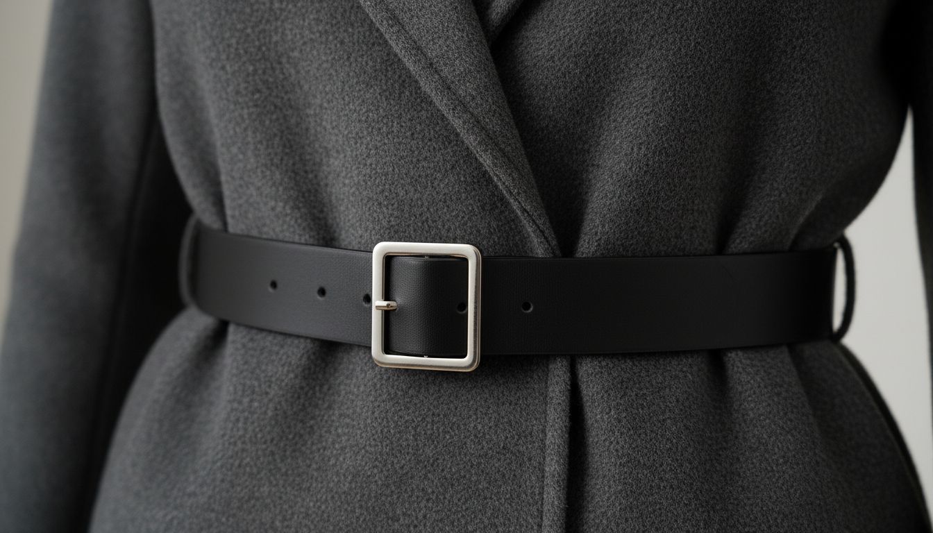 Крупный план тонкого ремня из матовой черной кожи с маленькой прямоугольной пряжкой, завязанного узлом поверх серого кашемирового пальто