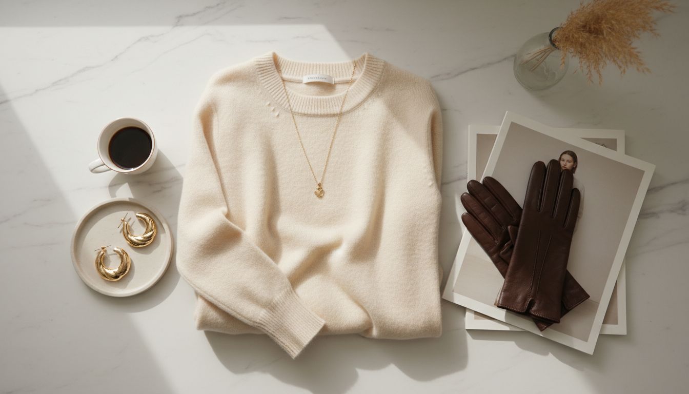 Натюрморт с аксессуарами: кремовый кашемировый свитер, золотые массивные серьги и перчатки из темно-коричневой кожи.