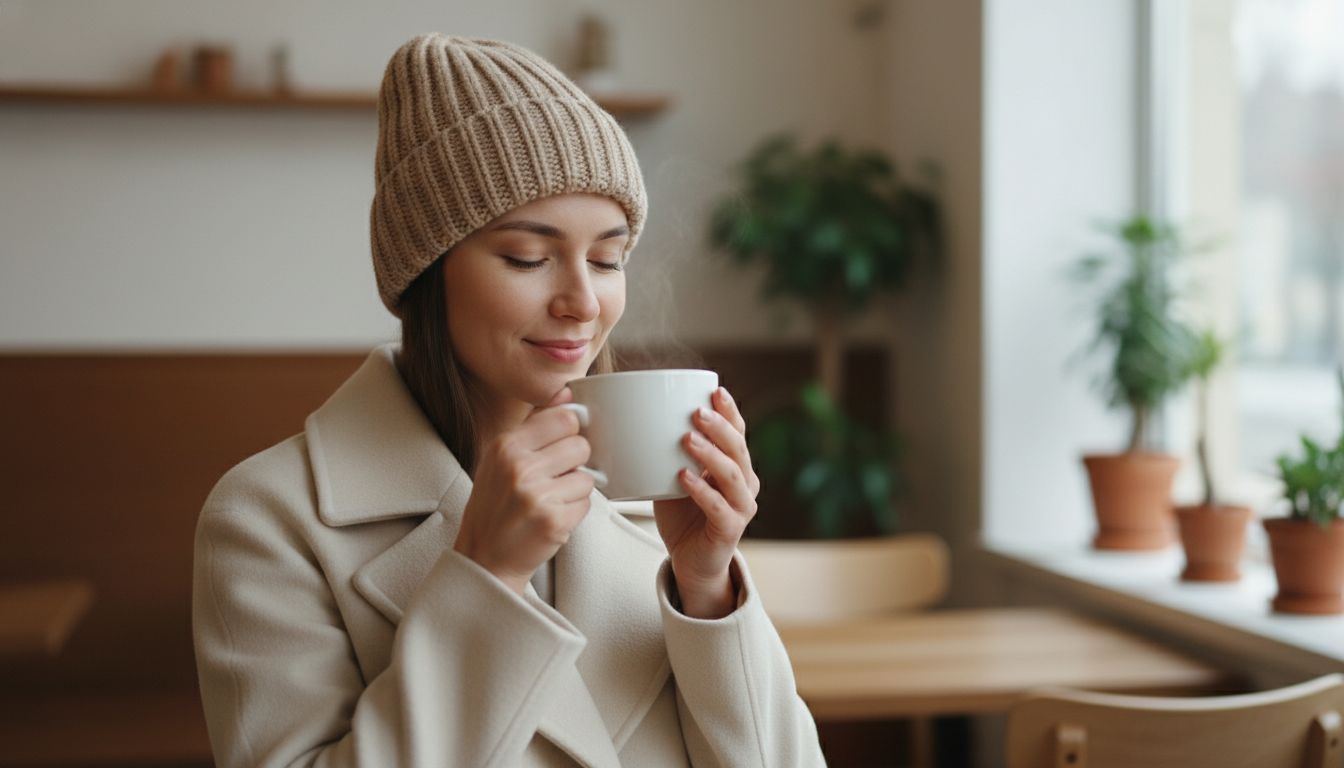 Женщина в теплом кремовом пальто и вязаной шапке, пьет кофе. Фокус на мягкости и уюте образа.