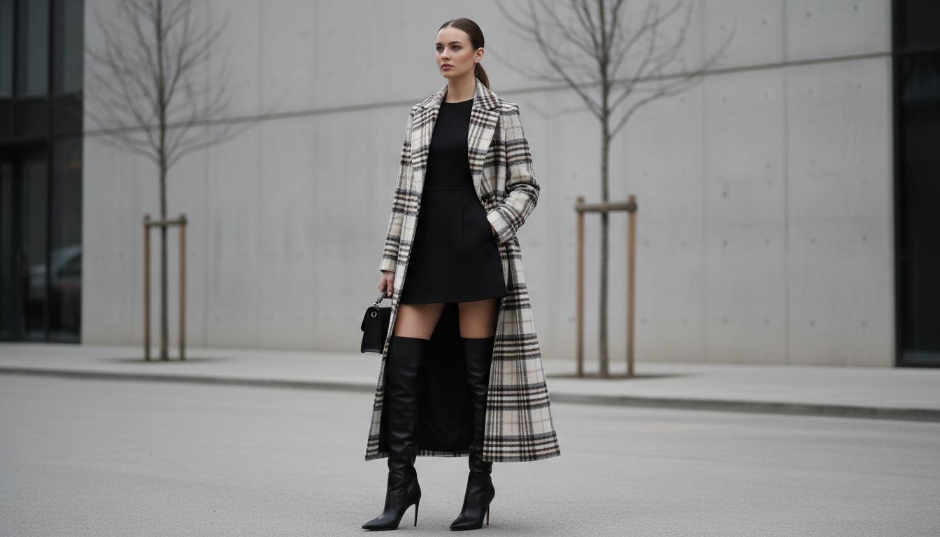 Модель в длинном клетчатом пальто, коротком платье и высоких сапогах, демонстрирующая идеальную вертикальную линию.