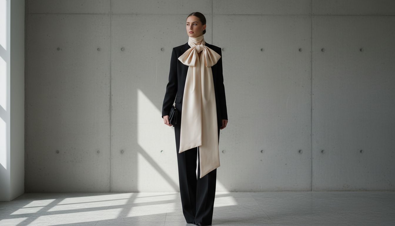 Девушка в черном брючном костюме, на шее у которой вместо галстука завязан огромный, свободно свисающий атласный бант.