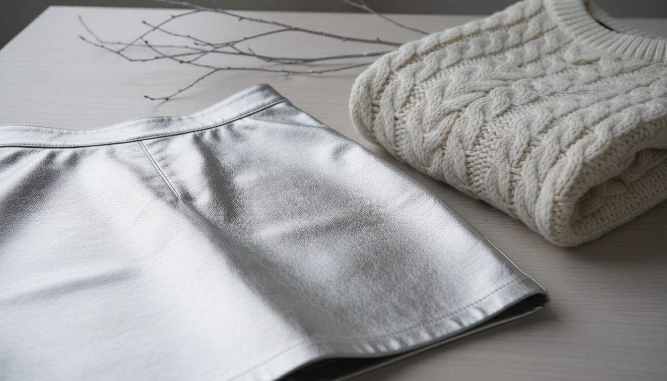 Крупный план серебряной кожаной юбки с идеальной гладкой текстурой, рядом с которой лежит толстый свитер крупной вязки цвета зимнего молока.