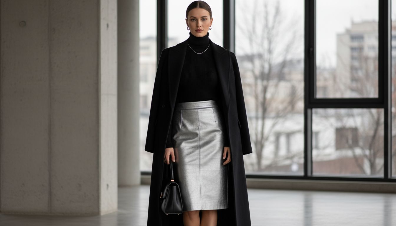 Женщина в серебряной кожаной юбке-карандаш, сочетающей ее с черным кашемировым свитером с высоким горлом и длинным черным пальто-макси.