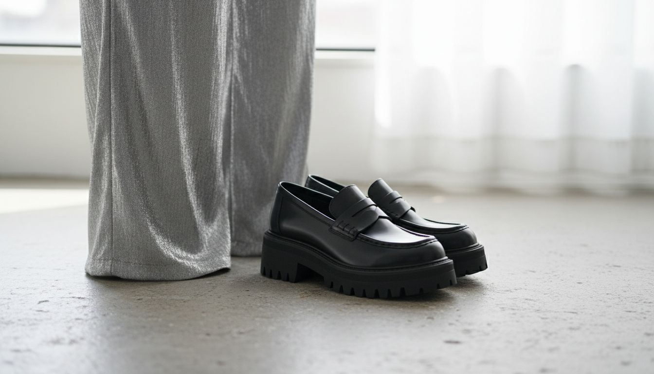 Детализированное фото обуви: черные массивные лоферы на тракторной подошве, стоящие рядом с серебряными брюками, демонстрируя контраст текстур.