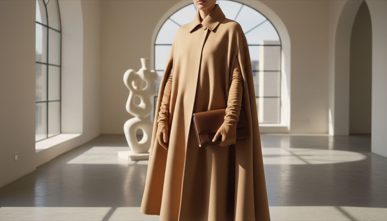 Модель в шерстяном кейпе цвета camel и длинных перчатках из тонкой замши, держащая клатч.