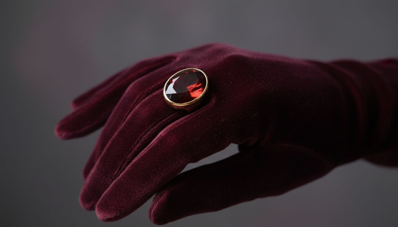Крупный план бархатных перчаток глубокого винного цвета, стилизованных с кольцом поверх.