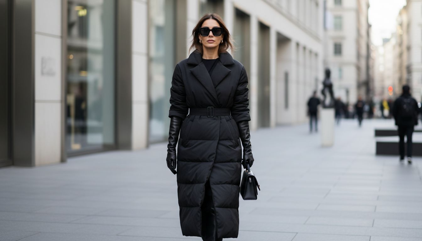 Модель идет по городу в черном матовом макси-пуховике, застегнутом только на талии, с высокими кожаными перчатками и солнцезащитными очками.