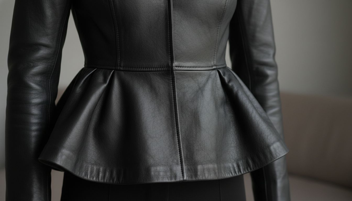 Крупный план жакета с баской, выполненной из плотной черной кожи, подчеркивающей контраст текстур.