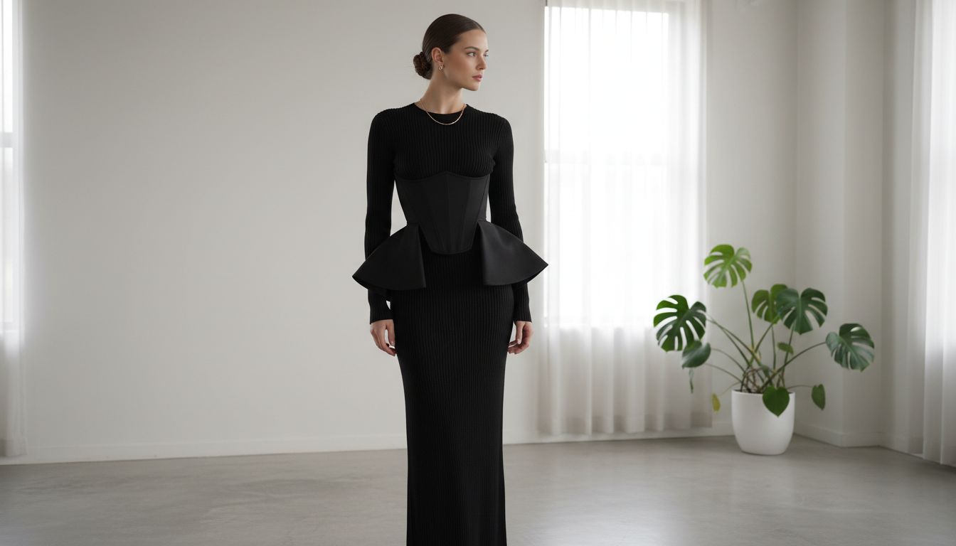 Модель в черном трикотажном платье-лапше, поверх которого надет укороченный, жесткий корсетный топ с широкой асимметричной баской.