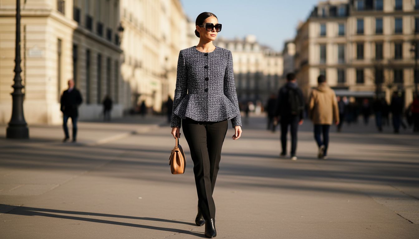 Финальный образ: женщина в твидовом жакете с баской, идущая по городу, с массивными солнцезащитными очками и строгой прической.