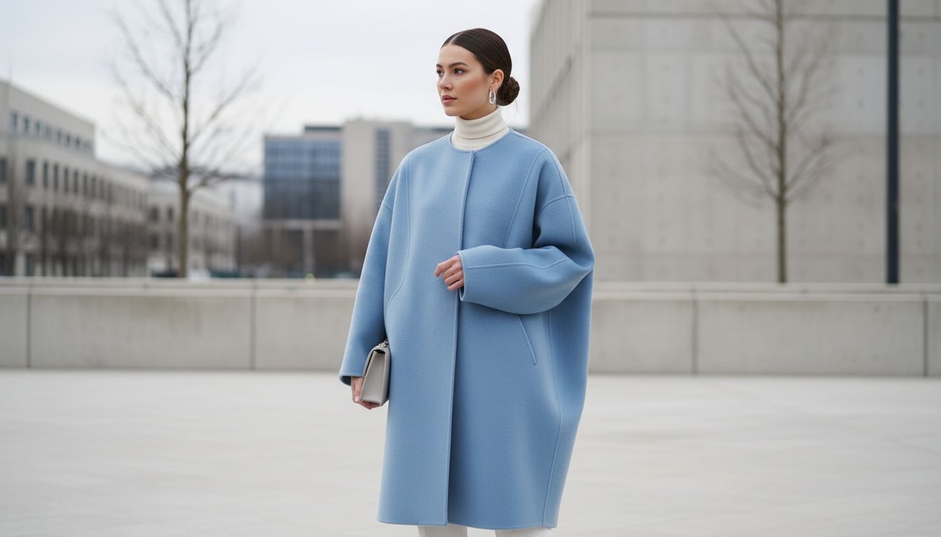 Изображение модели в объемном, структурированном пальто-коконе цвета Icy Blue