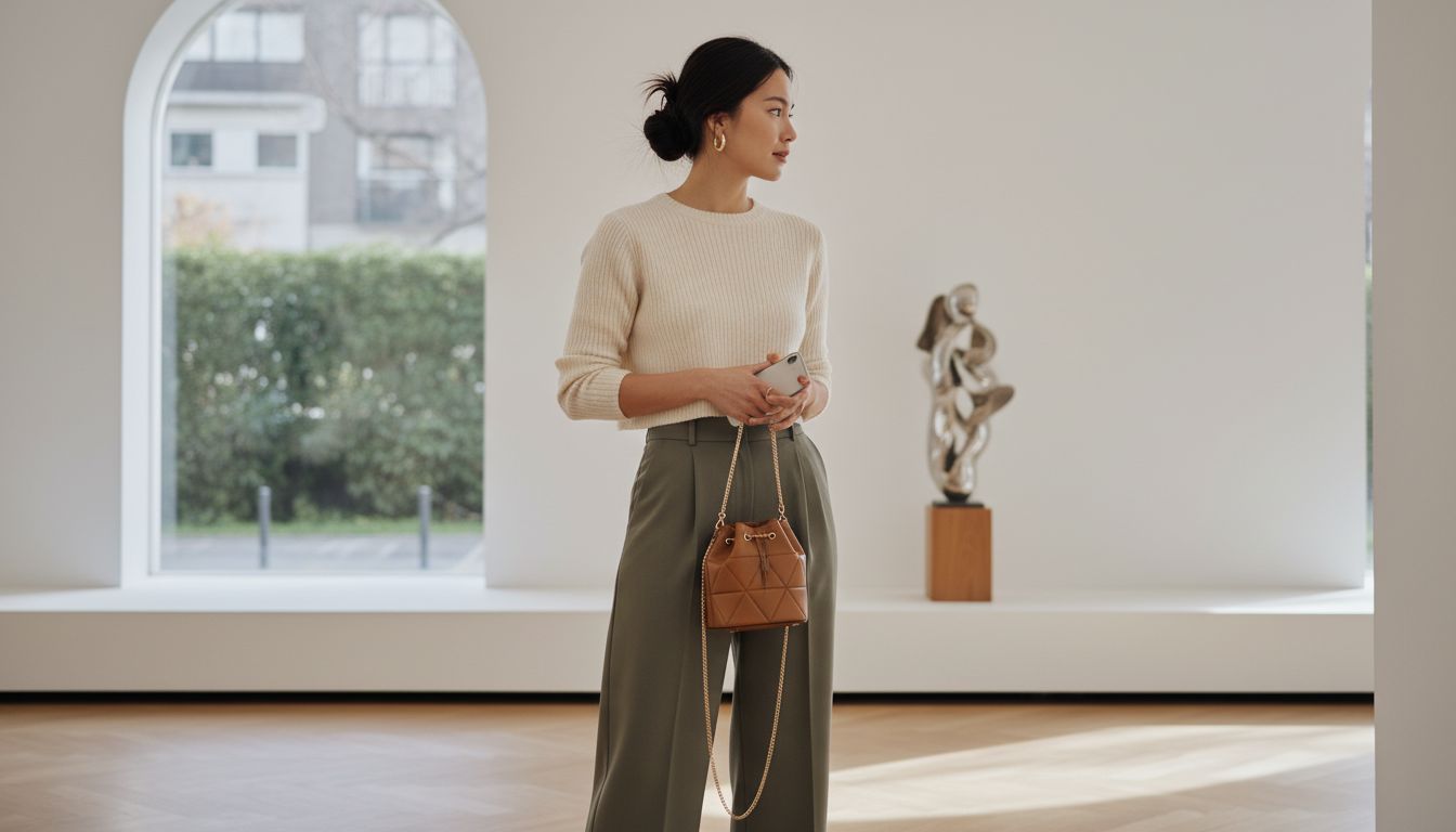 Стилизованный образ: девушка в широких брюках-бочонках и укороченном свитере держит в руке маленькую структурную сумку-ведро на цепочке.