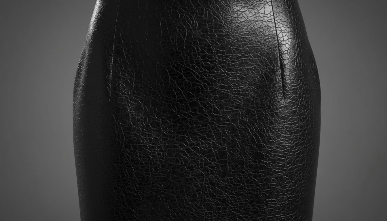 Крупный план текстуры Cracked Patent Leather на черной юбке-карандаш, демонстрирующий мелкие, элегантные трещины.