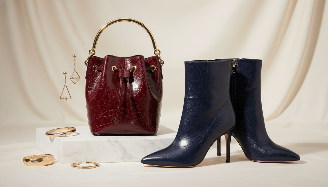 Подборка аксессуаров: сумка-ведро и остроносые ботильоны в Cracked Patent Leather, демонстрирующие, как тренд работает на малых формах.