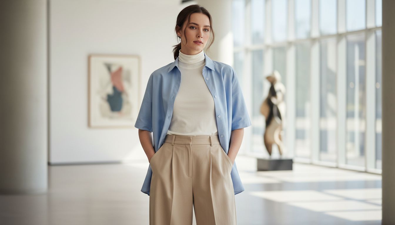 Девушка в белой тонкой водолазке, надетой под голубую оксфордскую рубашку с коротким рукавом. Образ дополнен широкими брюками с высокой талией.