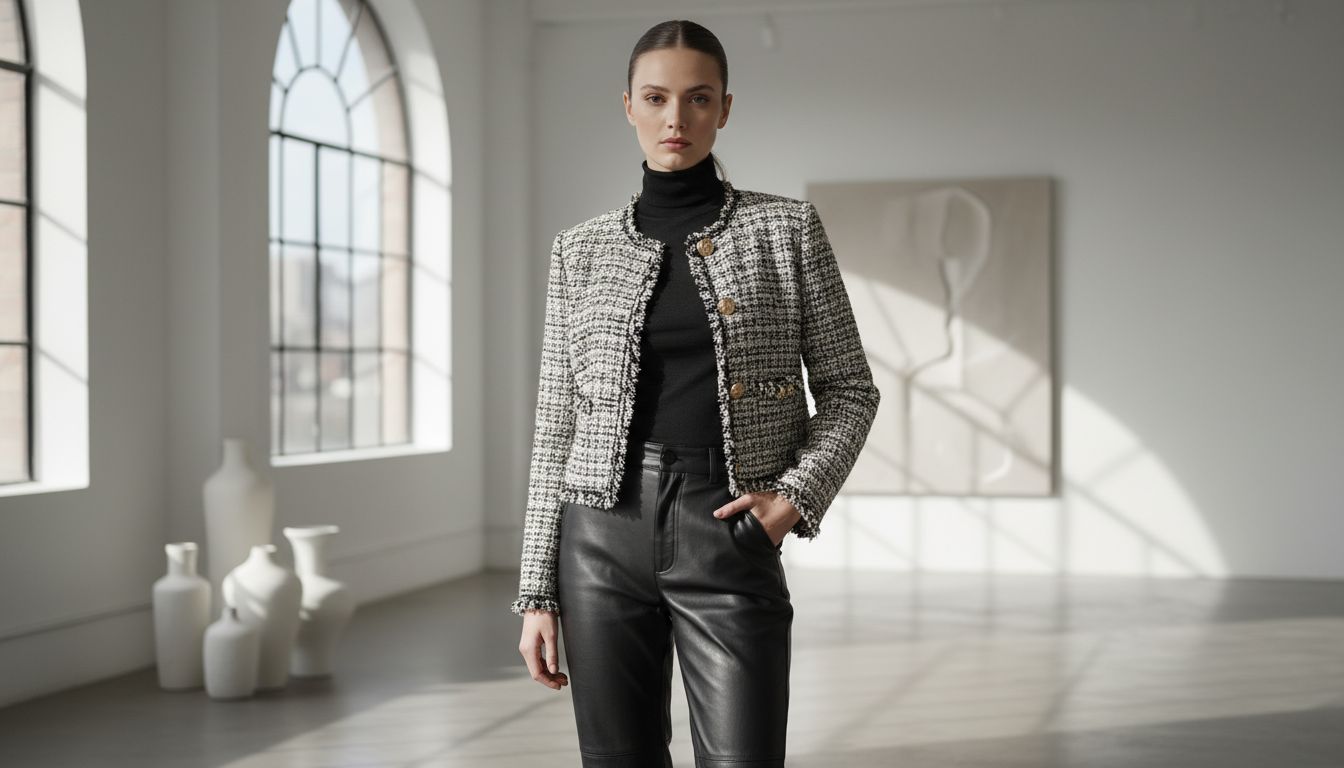 Стильный женский образ: черная тонкая водолазка, заправленная в брюки из черной кожи с высокой посадкой, поверх надет укороченный твидовый жакет.