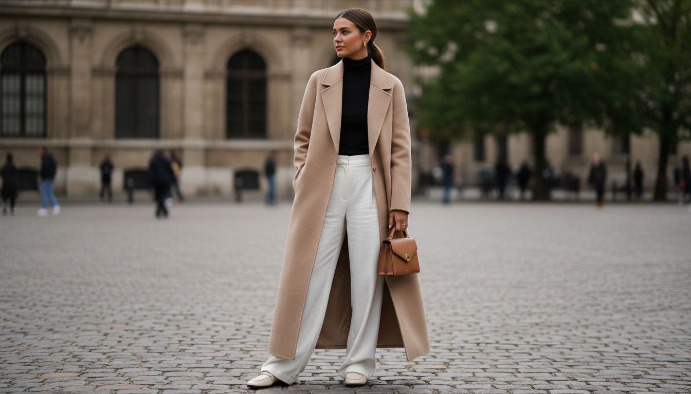 Женщина в бежевом кашемировом пальто-макси, под которым видна тонкая черная водолазка и белые широкие брюки.