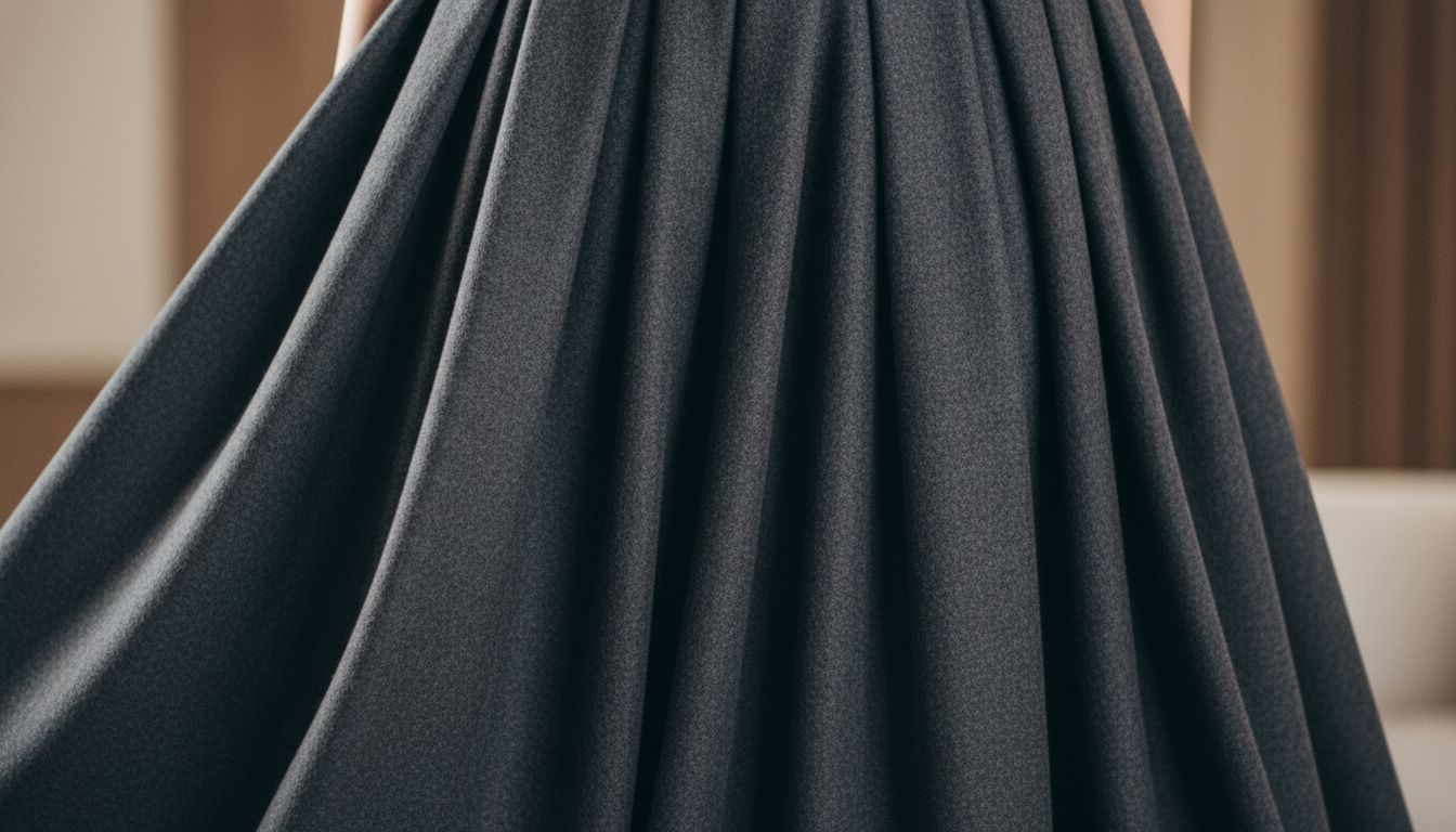 Крупный план на фактуру струящейся юбки-макси из плотной шерсти глубокого графитового цвета с аккуратными защипами на талии.