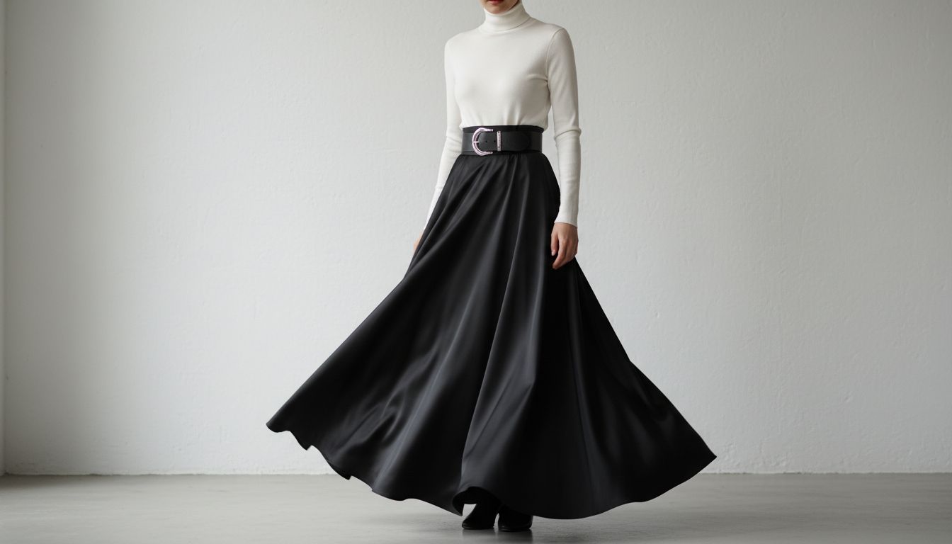 Стилизованный образ: объемная юбка-макси из черного шелка, заправленная в нее тонкая белая водолазка и широкий ремень с крупной пряжкой на талии.