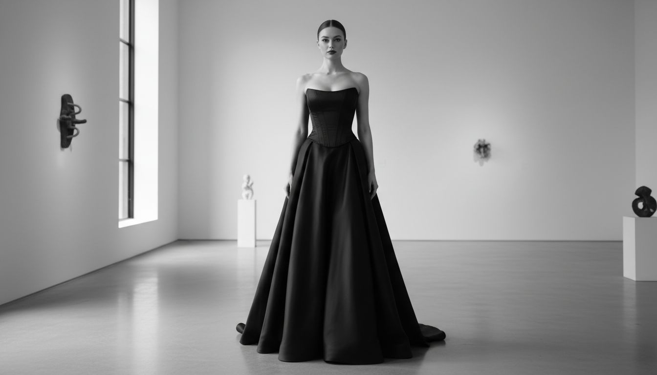 Девушка в вечернем образе: объемная юбка-макси из тяжелого черного шелка и облегающий корсетный топ, подчеркивающий талию.