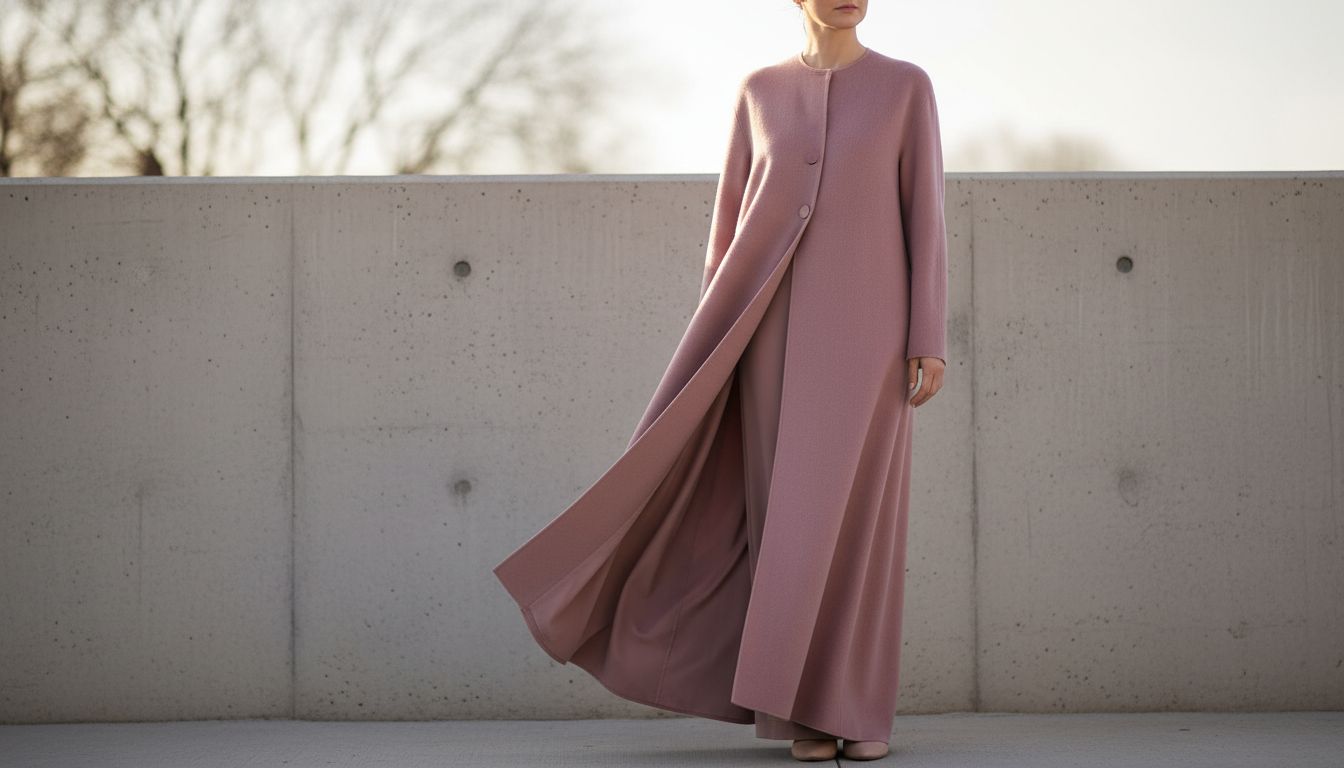 Длинное, струящееся пальто из кашемира оттенка пыльной розы, застегнутое наглухо.