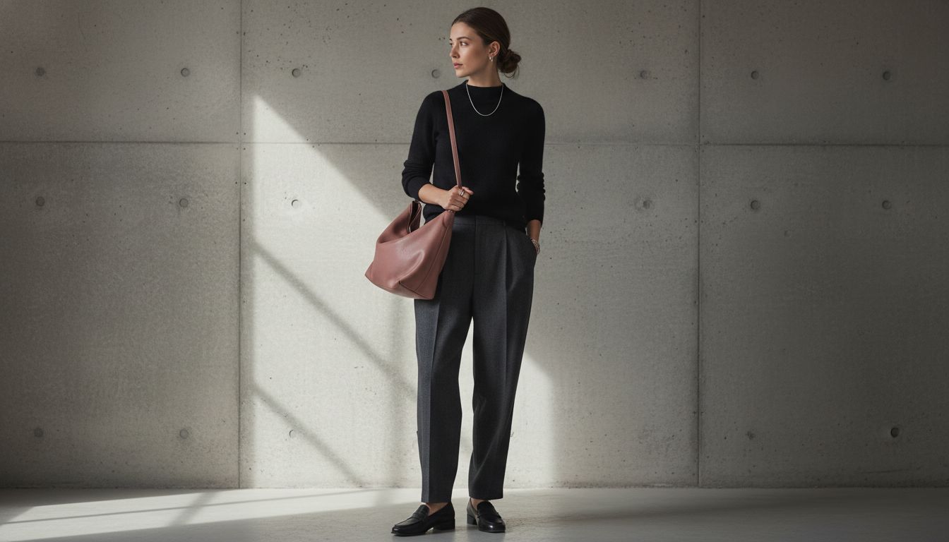 Образ, сочетающий брюки цвета угольного графита, черный трикотаж и сумку оттенка пыльной розы.