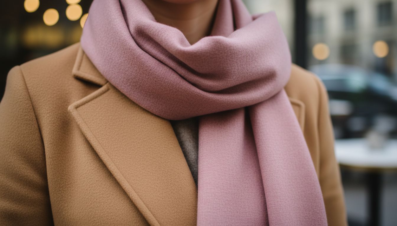 Крупный план: Кашемировый шарф оттенка пыльной розы, драпированный поверх пальто цвета кэмел.