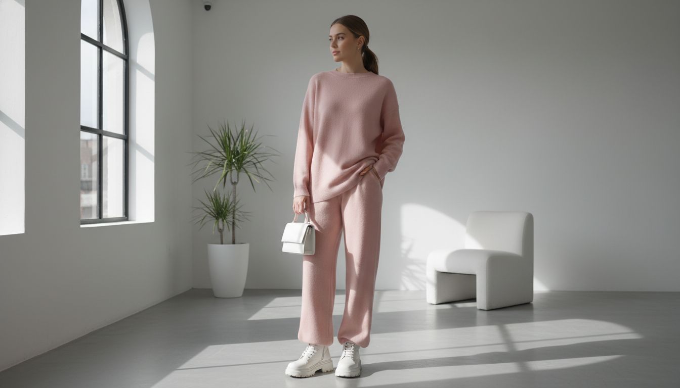Женщина в образе total-look: розовый свитер, розовые широкие брюки и белые массивные ботинки для контраста.
