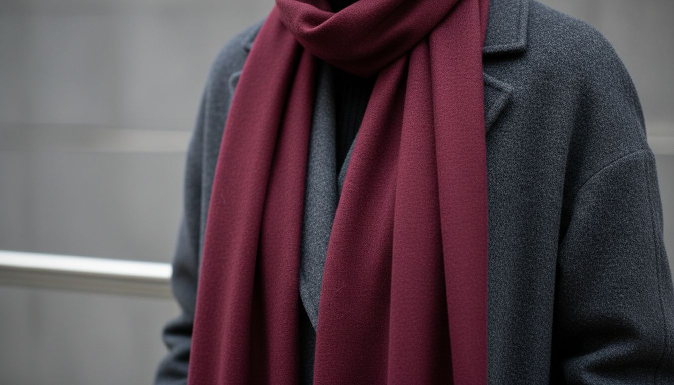 Крупный план на тонкий кашемировый шарф-макси цвета бургунди, свободно свисающий на фоне серого пальто.
