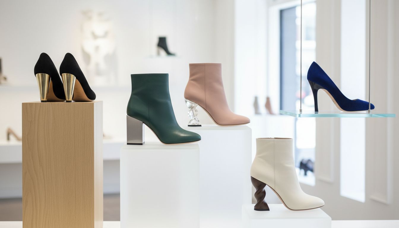Разнообразие туфель и ботильонов на витрине, демонстрирующих различные архитектурные каблуки: конус, куб, спираль.