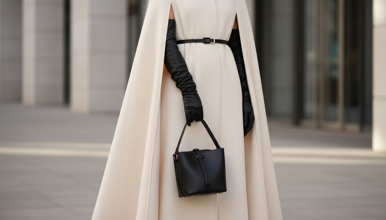 Женщина в длинном кейпе цвета слоновой кости, затянутом тонким черным ремнем, с высокими черными перчатками, держащая в руке структурированную сумку-ведро.