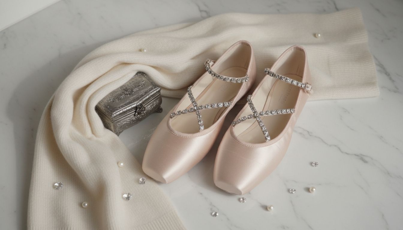 Натюрморт: атласные балетки с тонкими кристальными ремешками, лежащие рядом с кашемировым шарфом цвета слоновой кости.