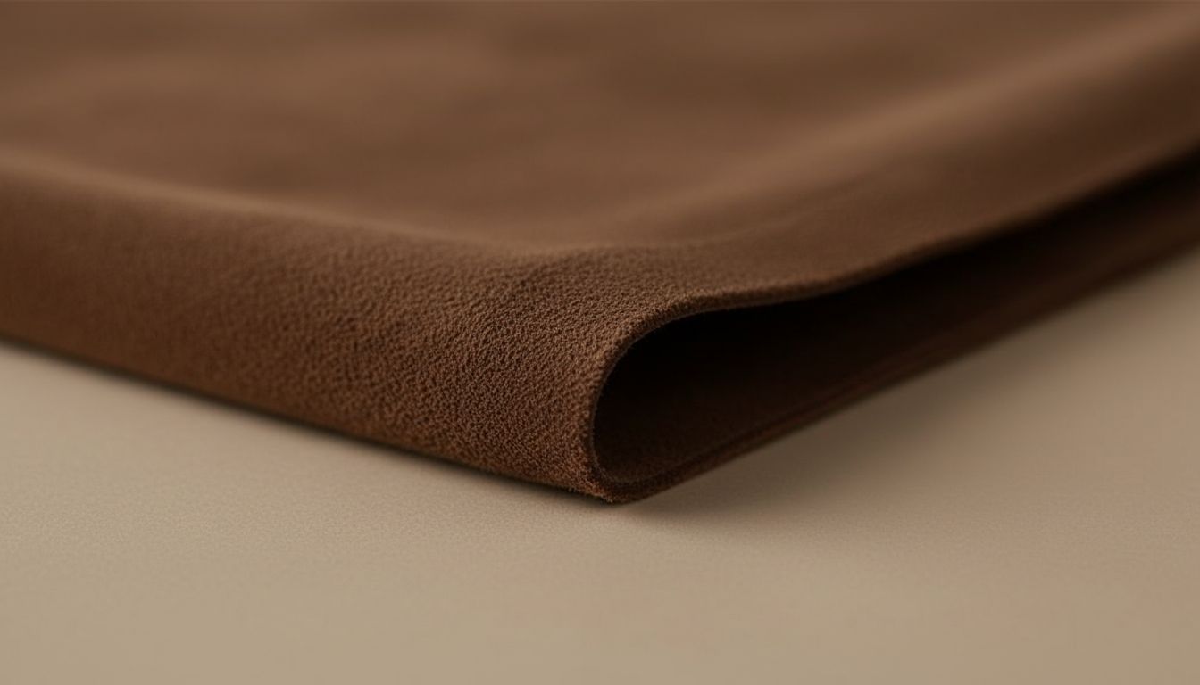 Крупный план текстуры плотной матовой замши шоколадного оттенка, демонстрирующий ее ворс и толщину.