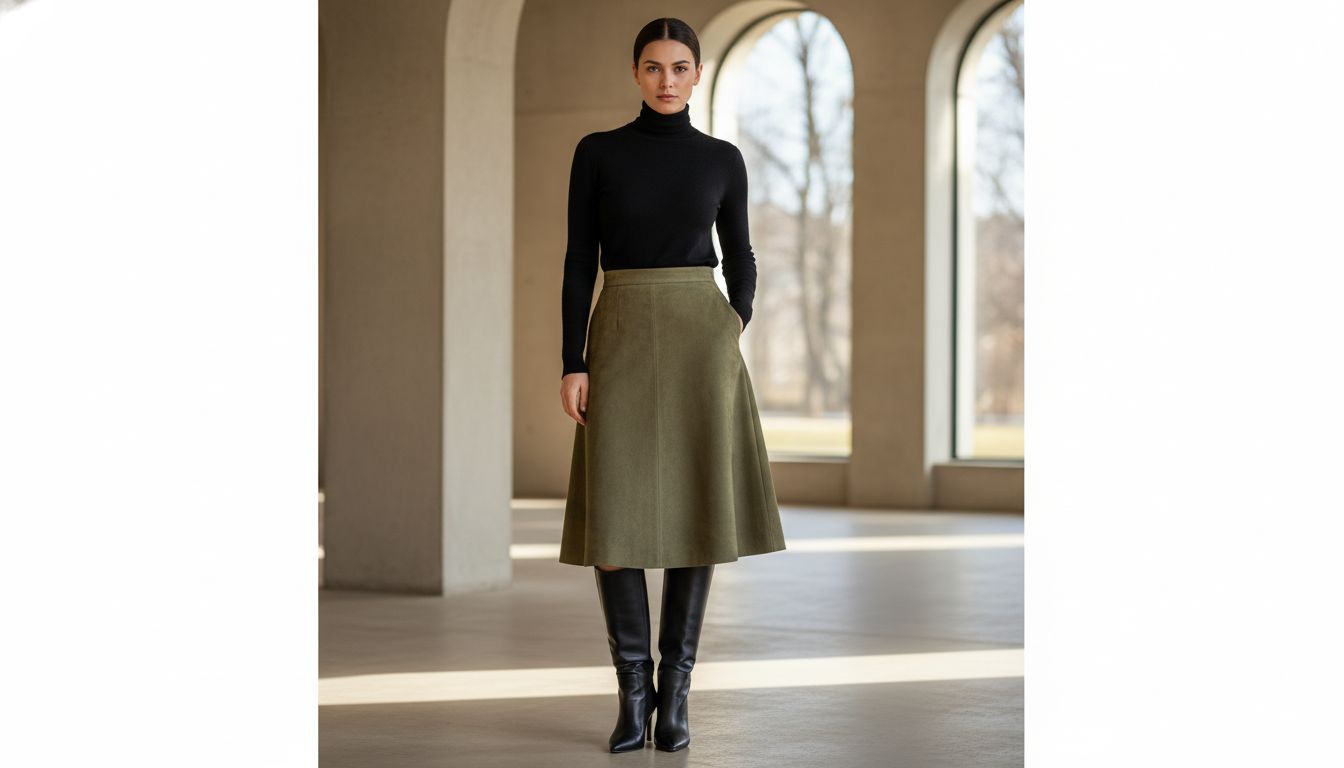 Женщина в строгой замшевой юбке А-силуэта цвета зимнего хаки, сочетающая ее с гладкой черной водолазкой и высокими сапогами.