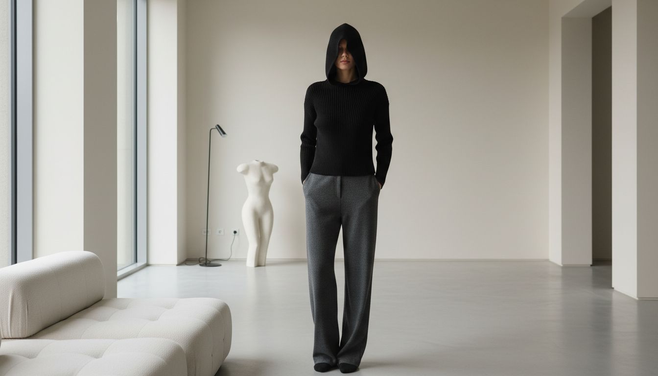 Женщина в черном трикотажном топе с капюшоном, надетом на голову, и широких серых брюках, стоящая в минималистичном интерьере.