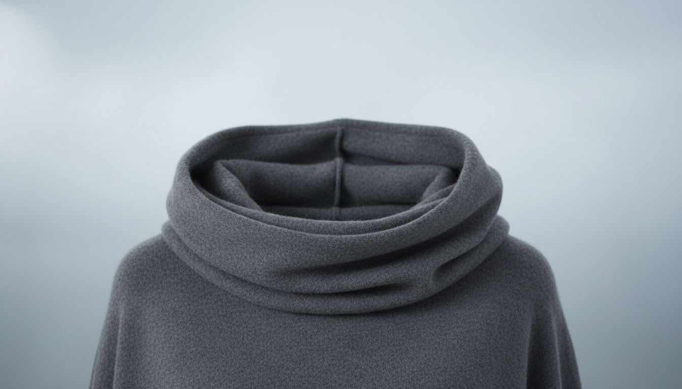 Деталь: воротник-стойка с мягко переходящим в него капюшоном из плотного темно-серого кашемира.