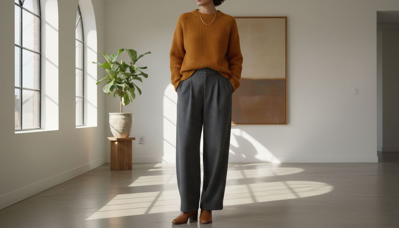 Стилизованный образ: Свитер цвета Куркумы, заправленный в широкие брюки из шерсти цвета Угольного Серого.