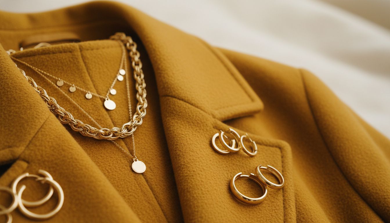 Детали: Золотые украшения, стилизованные с воротником пальто цвета Куркумы.