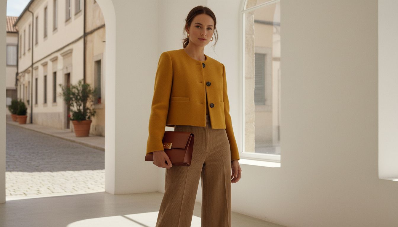 Женщина в широких вельветовых брюках и укороченном шерстяном жакете цвета Куркумы, держащая структурированную сумку.