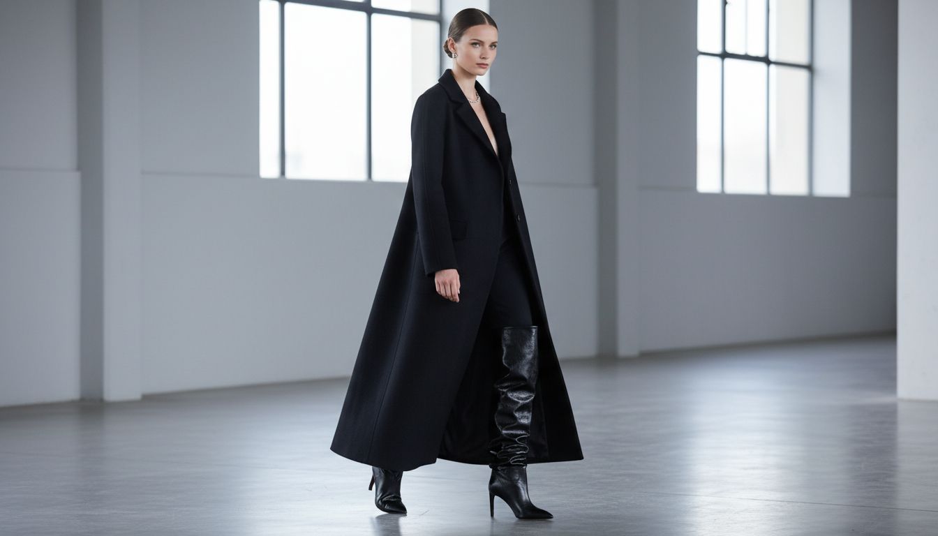 Модель в длинном черном пальто, демонстрирующая высокие сапоги-трубы из черной Calf Hair с глянцевым блеском.