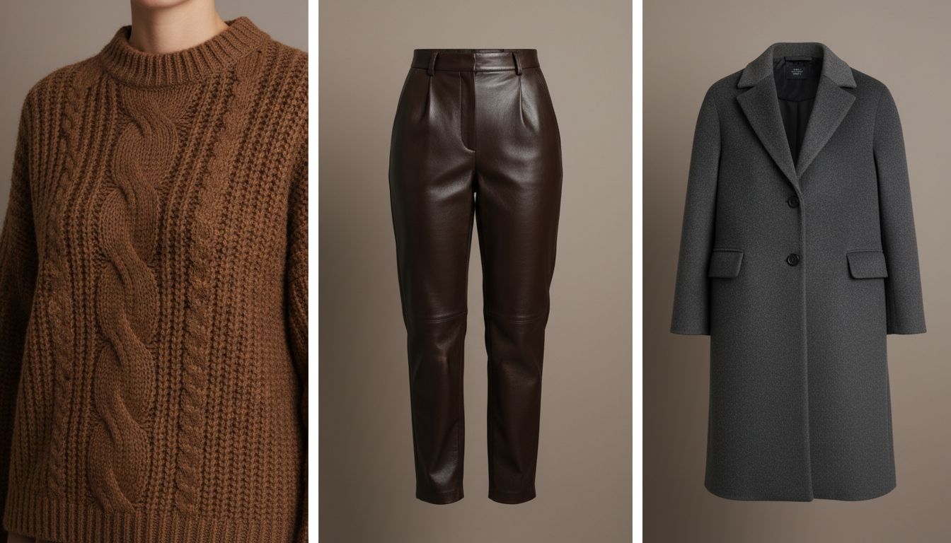 Коллаж из трех элементов: свитер крупной вязки цвета какао, глянцевые кожаные брюки цвета горького шоколада и матовое шерстяное пальто.