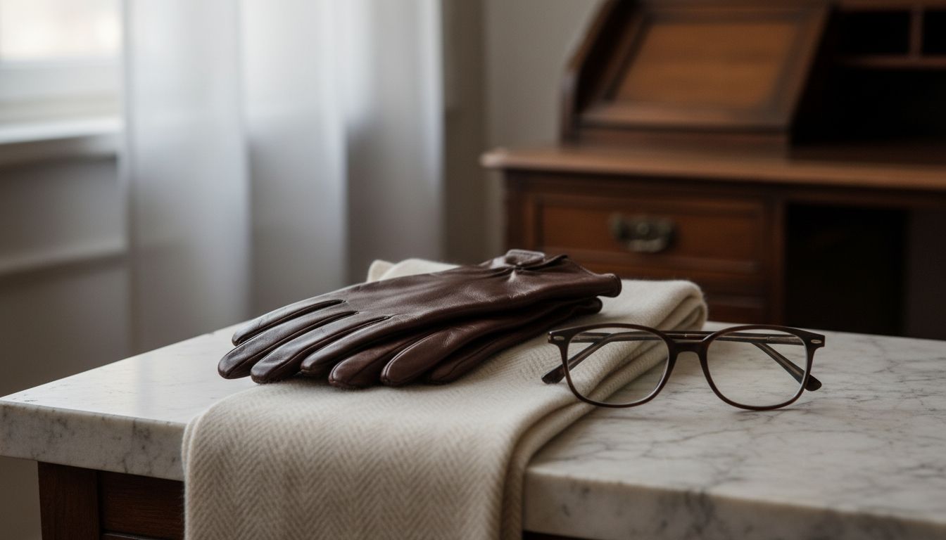 Натюрморт с аксессуарами: кожаные перчатки, кашемировый шарф и очки в оправе цвета темного шоколада.