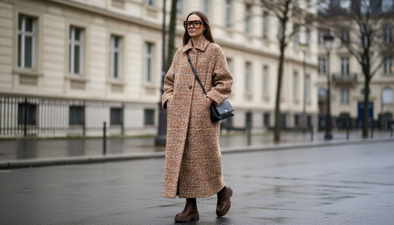 Модель в очень длинном шерстяном пальто оверсайз в оттенке карамельный твид, на ней массивные квадратные очки в черепаховой оправе.